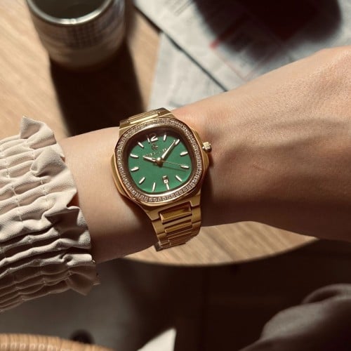 ساعة إليت النسائية استيل ذهبي اخضر