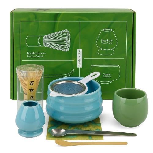 طقم شاي ماتشا مع وعاء سيراميك، مصفاة، ملعقة تقليدي...