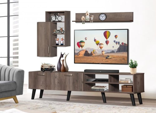 طاولة تلفاز مودرن خشبية مع ادراج تخزين 2 دور -رماد...