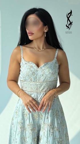 فستان جمبسوت بيبي بلو مطرز ومشكوك بتداخل فضي ذهبي...