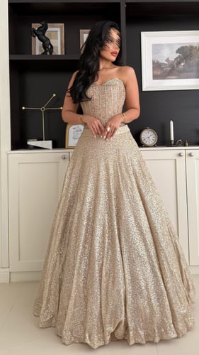 فستان سهرة ذهبي بتصميم فاخر قطعتين – كورسيه وتنورة...