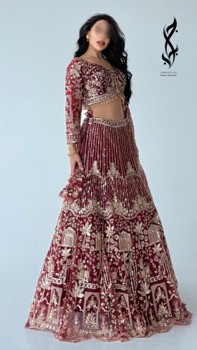 ساري هندي ماروني بأكمام طويلة مشكوك باللون الذهبي...