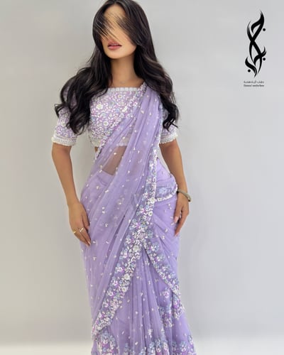 ساري هندي بشال متصل شك بالكامل بلون لافندر