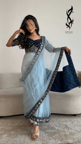 ساري هندي بشال متصل مخمل بلون البحر