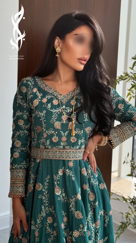 جلابية هندية خضراء مطرزة مع شال ذهبي