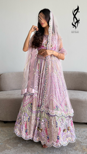 ساري هندية قطعتين باللون اللافندر بالشك الخرزي