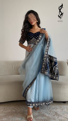 ساري هندي بشال متصل مخمل بلون البحر