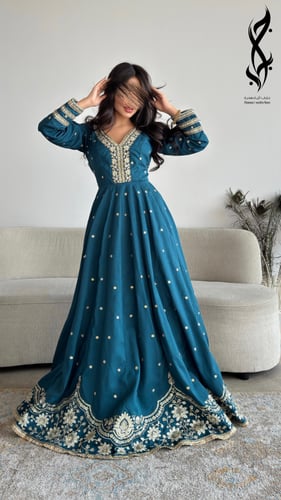 جلابية هندي باللون الأزرق التركواز والشك الذهبي