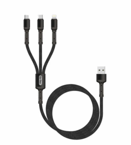 كابل USB للشحن السريع ومزامنة البيانات 3 في 1 أسود