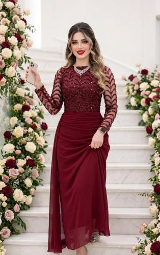 فستان سهرة طويل بلون عودي (برغندي)