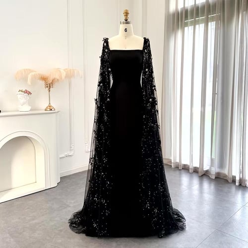 فستان سهرة من الساتان الأسود بنمط حورية البحر مع ك...