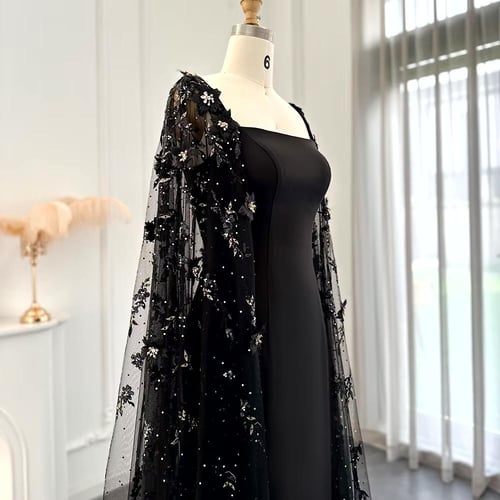 فستان سهرة من الساتان الأسود بنمط حورية البحر مع ك...