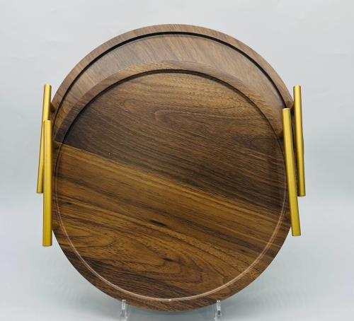 طقم صحون تقديم قطعتين خشب دائري بقبضة ذهبية