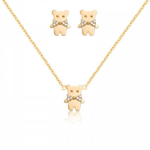 طقم سلسال وأقراط بير لفر bear lover الذهبي الطبي