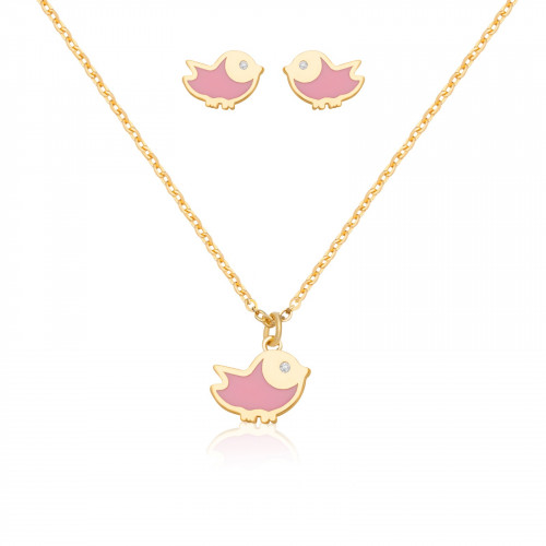 طقم سلسال وأقراط بينك بيرد Pink Bird باللون الذهبي...