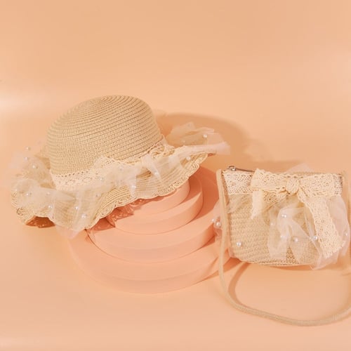 مجموعه قبعه مع شنطه أطفال قش مطرزه دانتيل مع لؤلؤ