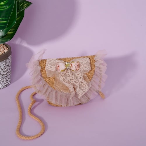 شنطة اطفال قش دانتيل مع ورد و لؤلؤ