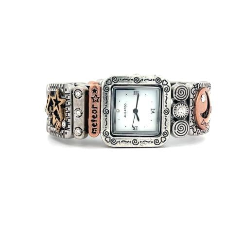 Vintage-style watch with a decorative square frame...