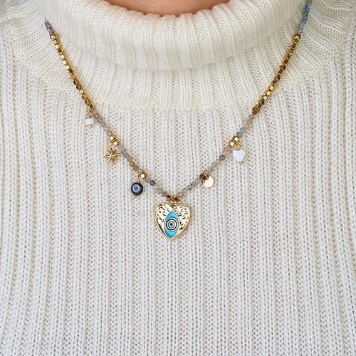 سلسال بتعليقة قلب مزين برموز ناعم ولمسة عين أنيقة