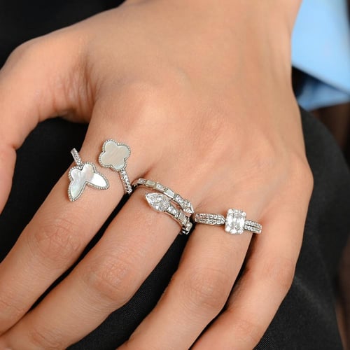 خواتم مجموعه فضي بتصميم وردة و فراشة مع زيركون