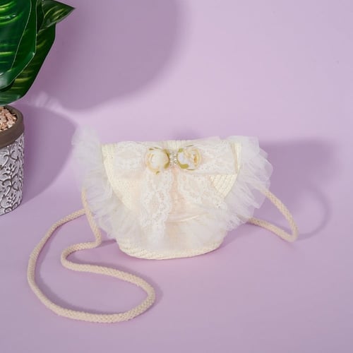 شنطة اطفال قش دانتيل مع ورد و لؤلؤ