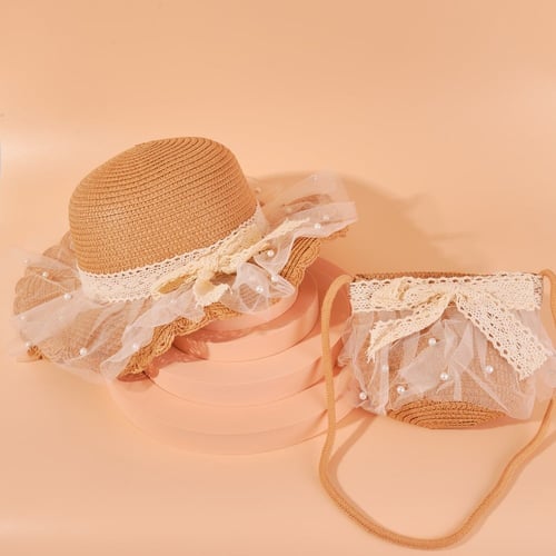 مجموعه قبعه مع شنطه أطفال قش مطرزه دانتيل مع لؤلؤ