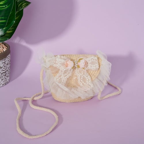 شنطة اطفال قش دانتيل مع ورد و لؤلؤ