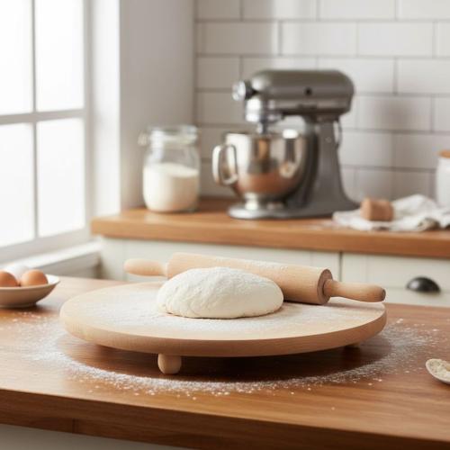 طاولة عجين خشب بارجل قصيرة تمنحك سطحًا عمليًا وثاب...