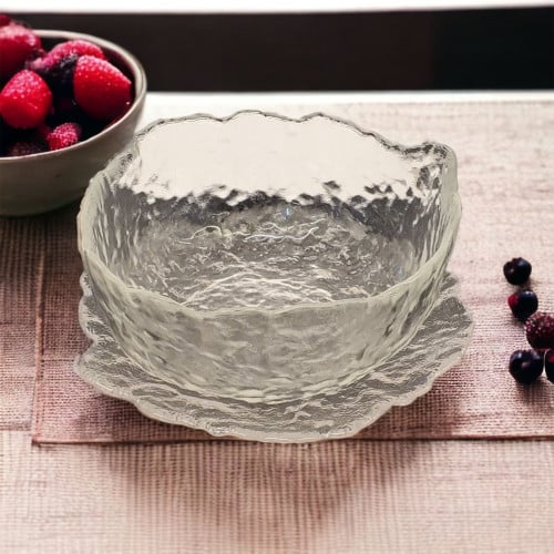 زبدية زجاج مع صحن ( 3 حبات ) شفاف - ارتفاع 6سم