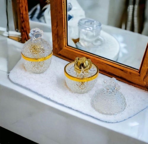 طقم حامل ملاعق حلا زجاج باللون الفضي والذهبي