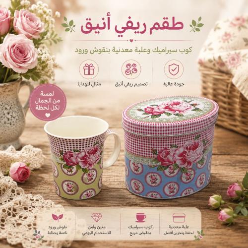 كوب سيراميك مع علبة معدنية | طقم أنيق يتكون من قطع...