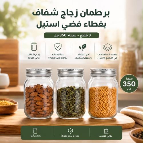 طقم برطمان زجاجي شفاف من 3 قطع ذو غطاء معدني فضي |...