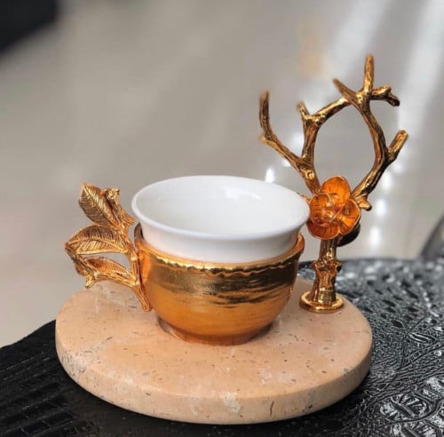 طقم فناجيل فاخر ذهبي بقاعدة رخامية لتقديم القهوة |...