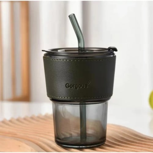 كوب زجاج تلبيسه جلد ومصاص زجاج - الوان داكنه