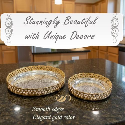 صحون تقديم صغيرة معدنية باللون الذهبي والفضي من قط...