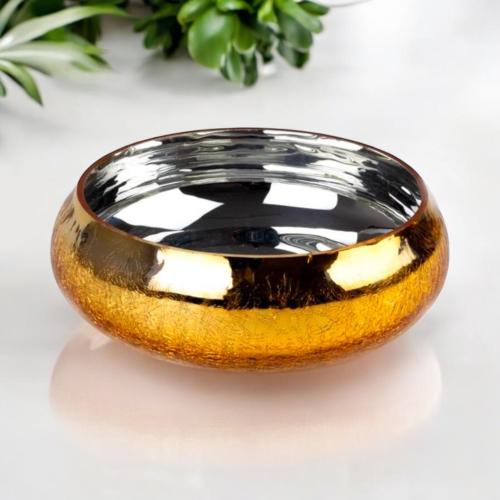 وعاء زجاج ذهبي دائري لامع مع طبقة داخلية فضية