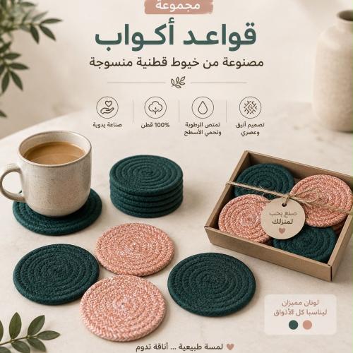 مجموعة قواعد أكواب من 4 قطع مصنوعة من خيوط قطنية م...