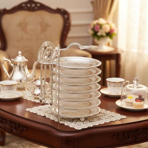 طقم 6 صحون تقديم فضي بنقش مع استاند