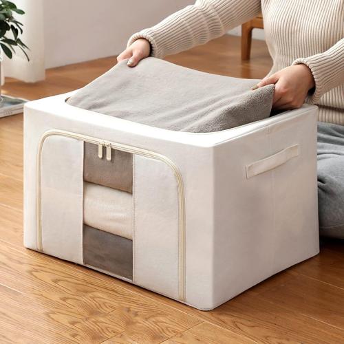 Foldable storage and organization box with a sturdy metal frame that maintains its shape, with a zipper and a transparent window f...