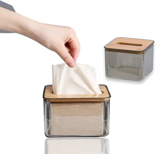 علبة مناديل اكليريك صغيرة بغطاء خشب