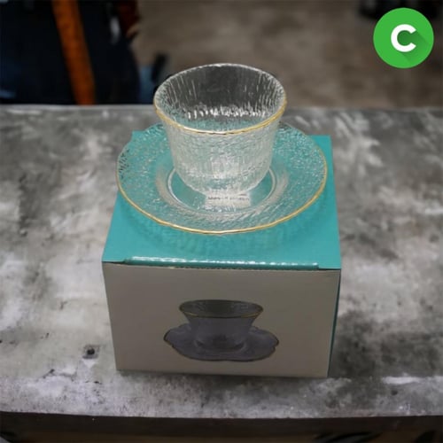 فنجان زجاج شفاف (6 حبات) بحواف ذهبي مع صحن - 3 مود...