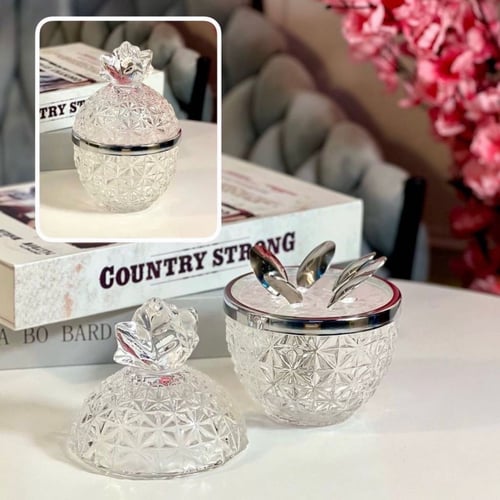 طقم حامل ملاعق حلا زجاج باللون الفضي والذهبي