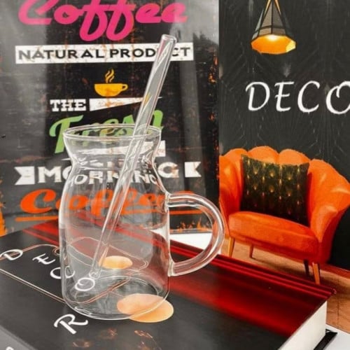 كوب زجاج بمقبض مع مصاص | 300مل