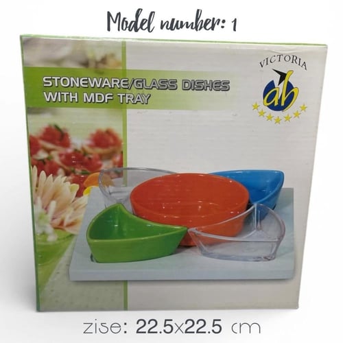 طقم صحون تقديم مكسرات سيراميك وزجاج شفاف بقاعدة خش...