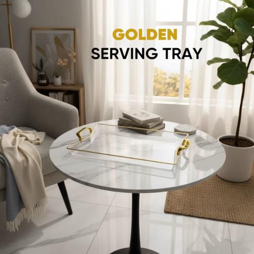 Transparent acrylic serving tray with gold side handles, rectangular and oval-shaped