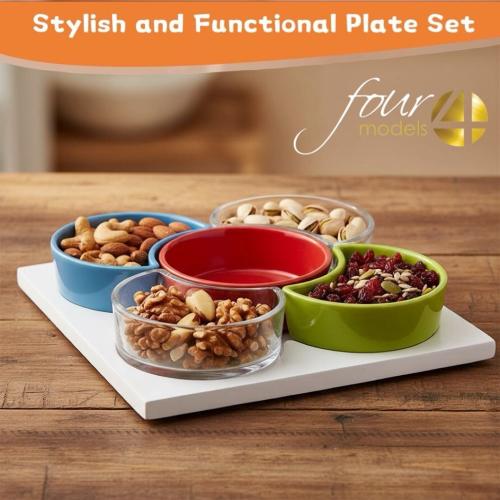 طقم صحون تقديم مكسرات سيراميك وزجاج شفاف بقاعدة خش...