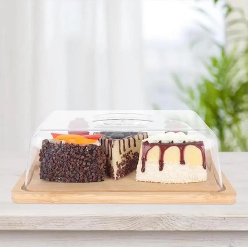 حامل كيك ومعجنات خشب مستطيل بغطاء بلاستيك شفاف | 2...