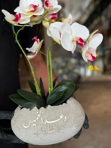 فازة بيضاوية من الاسمنت و رد الاوركيد الفاخر