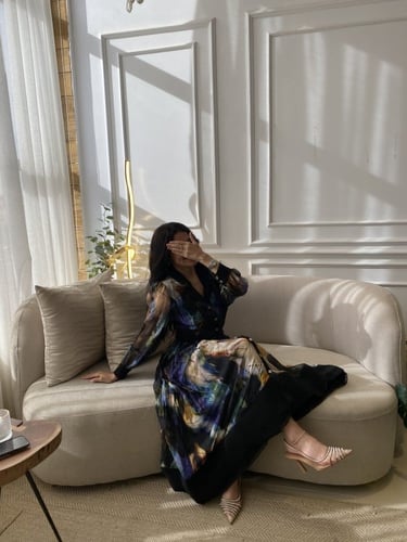 فستان نسائي تركي تل مشجر بخطوط مخملية بارزة