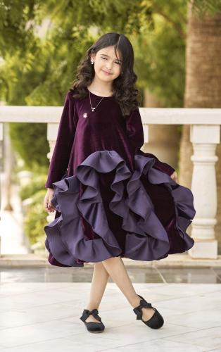 فستان بناتي بنفسجي فاخر بقماش المخمل والتفته